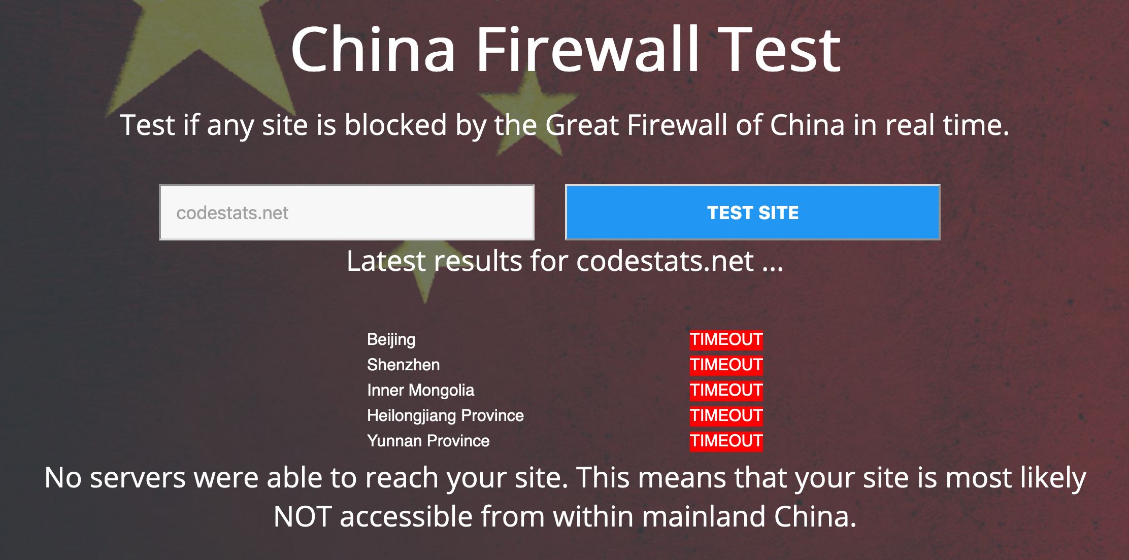 Screenshot from website showing codestats.net is not accessible from China