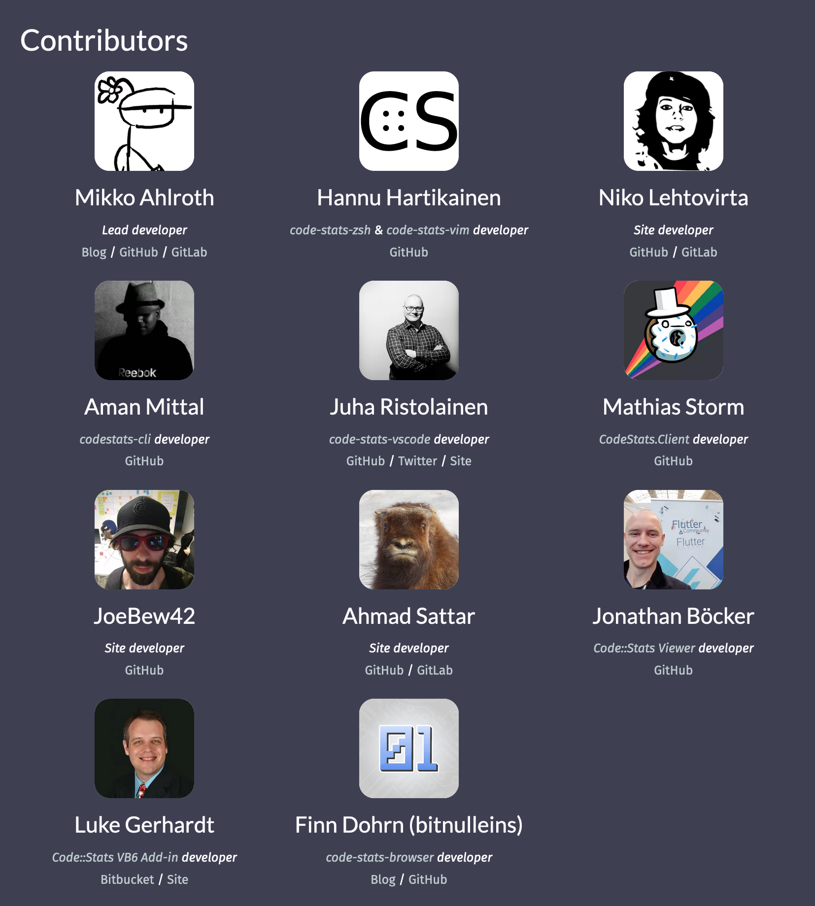 Screenshot of contributors listed on the website.